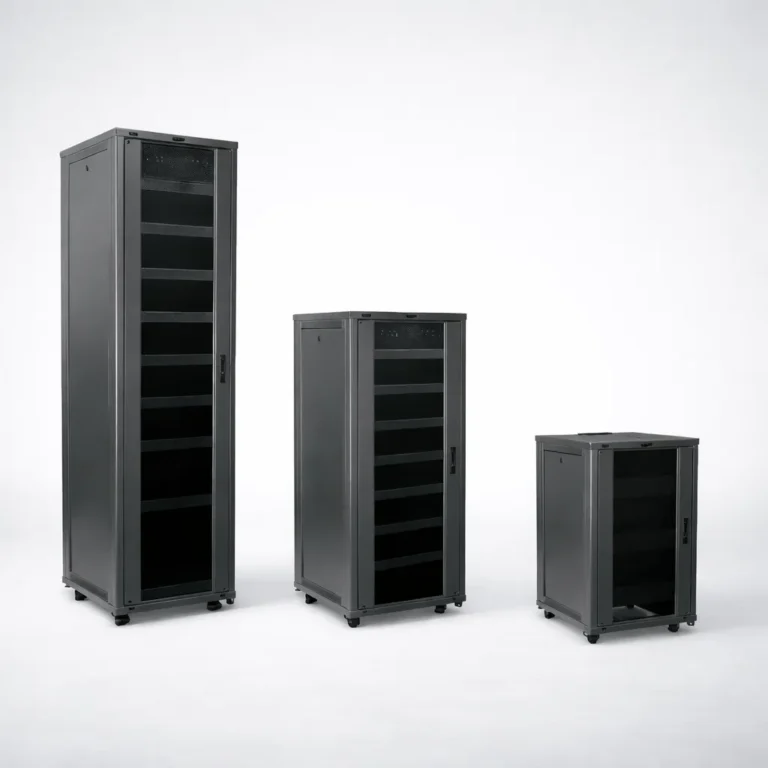 Three Middle Atlantic floor-standing rack cabinets in different heights on a soft gray background.