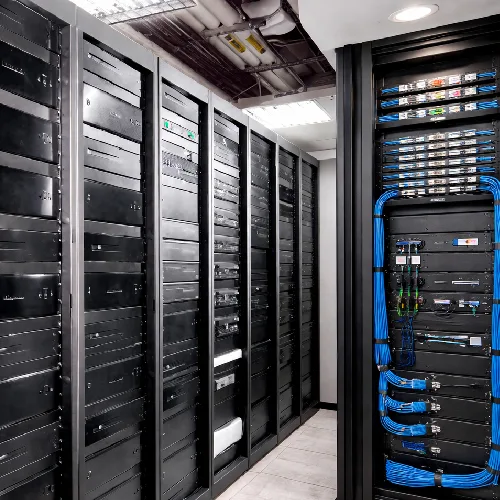 Extended server room image showing organized black equipment racks, structured rack infrastructure, and professional cable management in a technical installation environment.